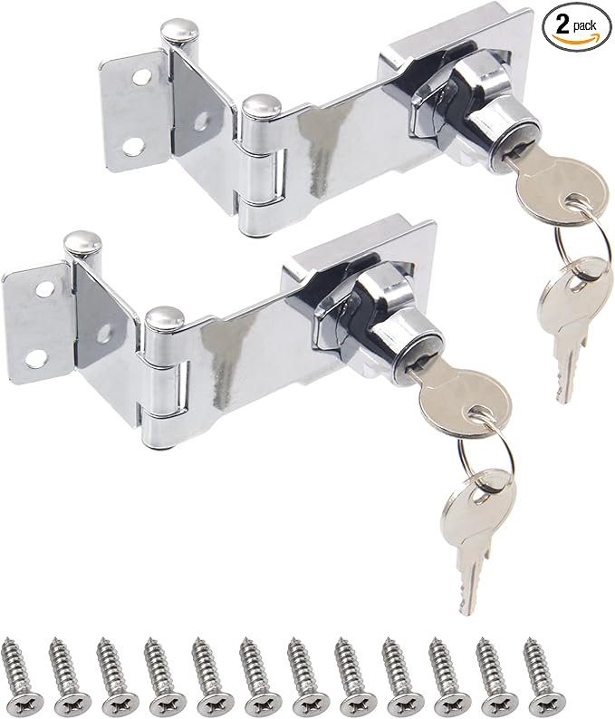 2 Pack Door Lock Hasp Latchs, Collapsible Solid 304 Stainless Steel File Cabinet Lock Desk Drawer Lock, for 90 Degree and 180 Degree Drawers, Dabinets, Doors, Flip Barn Door (Individual Key)
