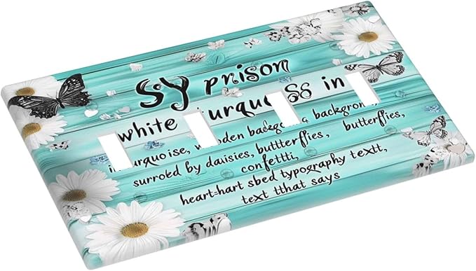 Teal Butterfly Daisy Rustic Wooden Signs Light Switch Covers Quad Toggle Electrical Faceplate 4 Gang Wall Plate Decorative Switch Plates For Farmhouse Cabin Decor