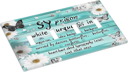 Teal Butterfly Daisy Rustic Wooden Signs Light Switch Covers Quad Toggle Electrical Faceplate 4 Gang Wall Plate Decorative Switch Plates For Farmhouse Cabin Decor