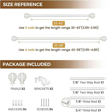KAMANINA Curtain Rod 32 to 58 Inch(2.6-4.8Ft), Heavy Duty White Curtain Rods for Windows, 7/8 Inch Single Drapery Rod Adjustable, Decorative Netted Texture End