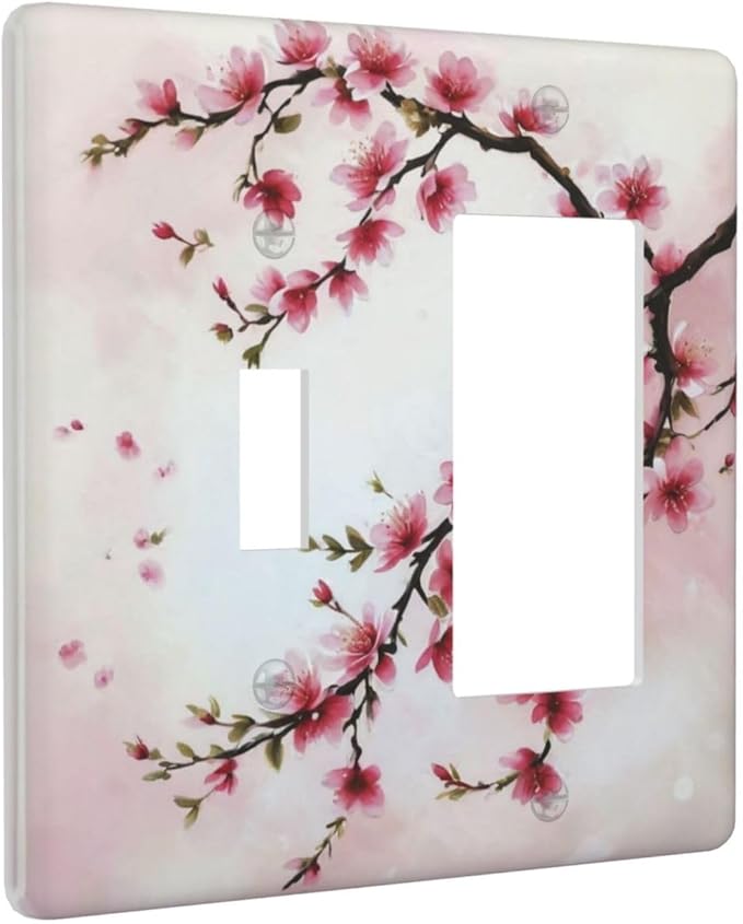 Branch with Pink Flowers Light Switch Covers 2 Gang Single Toggle Rocker Combination Wall Plate Cover Electrical Faceplate Decorative Switchplate for Farmhouse Living Decor