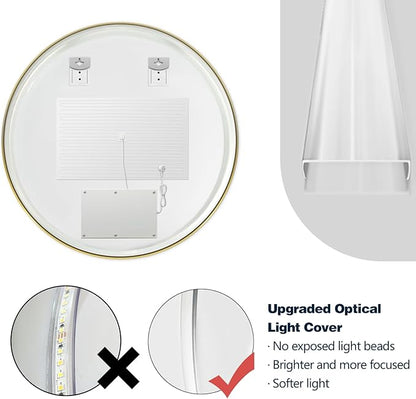 Niccy Round Led Mirror for Bathroom, 28" Backlit Mirrors for Wall Circle Lighted Mirror with Old Gold Frame Anti-Fog, 3 Colors, HD Glass and IP65 Waterproof