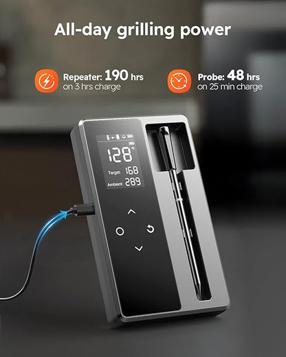Smart Wireless Meat Thermometer with Ultra-Thin Probe, Digital Food Thermometer 0.5S Instant Read, 600FT Bluetooth Range Real-Time Monitoring & Smart Alerts for BBQ, Grill, Smoker, Oven, Air Fryer