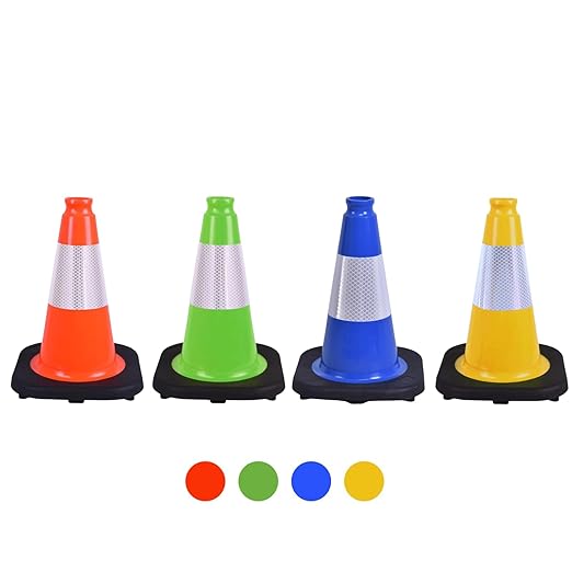 4 Pack 12 Inch Blue PVC Traffic Cones Black Base, Sport Training Cones for Soccer Drills, Kids Outdoor Play, Indoor Gym Activities (4, Blue, 12 Inch)