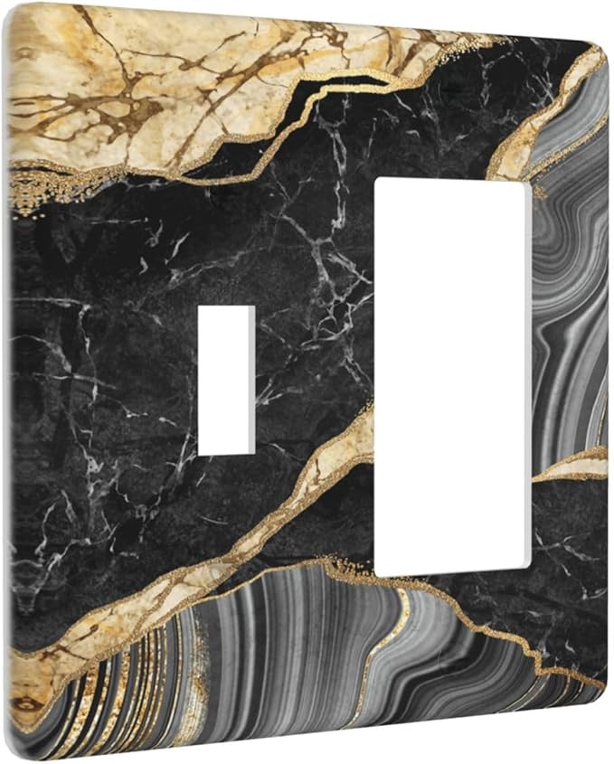 Decorative Outlet Covers Modern Abstract Black Gold Marble 2 Gang Wall Plate Single Toggle 1 Rocker Light Switch Cover Switch Plate Covers for Bathroom Kitchen Home Decor