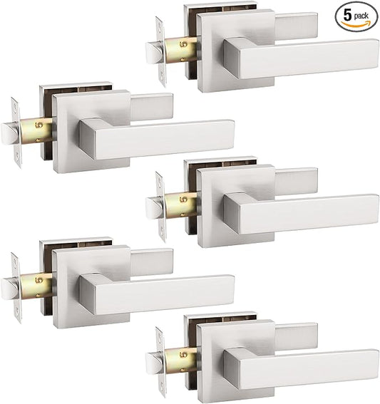 KNOBWELL 5 Pack Passage Door Handle Brushed Nickel Interior Door Knob, Pull Only Door Levers for Closet Hallway Satin Nickel Modern Door Lever(No Lock)