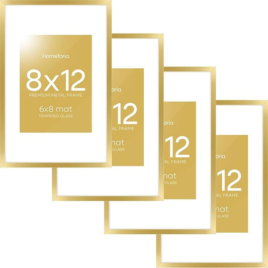 Homeforia 8x12 Picture Frame Gold, High End Metal 8 x 12 Poster Frames with Mat 6 by 8 for Photo, 12x8 Frame Matted to 6x8 inch Print, 8by12 Wall or Tabletop Frames, Tempered Glass, Wall Kit, Set of 4