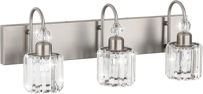 Ralbay Brushed Nickel Vanity Light for Bathroom Crystal 3-Light Modern Bathroom Light Fixtures