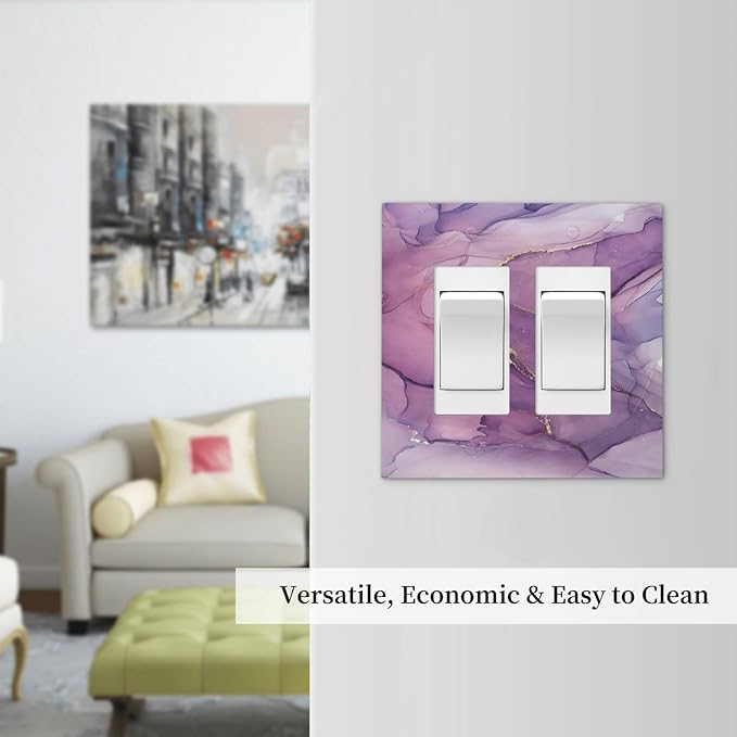 Decorative Outlet Covers Purple Marbling Golden Line 2 Gang Double GFCI Rocker Electrical Wall Panels Light Switch Cover Plate for living Room Bathroom Decor