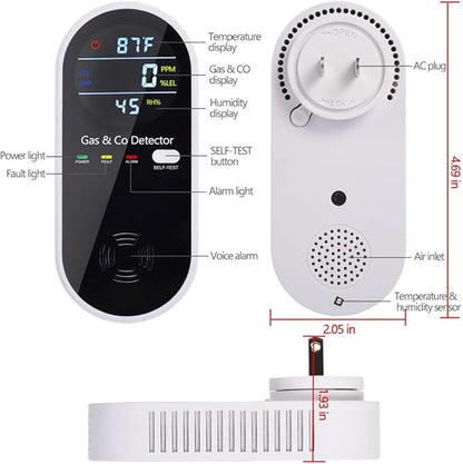 Combination Gas & Carbon Monoxide Detector Plug in Wall, WESHLGD Portable Natural Gas and Carbon Monoxide Detector for Travel, 4 in 1 CO and Gas Detector with Temperature Humidity Display - 1Pack