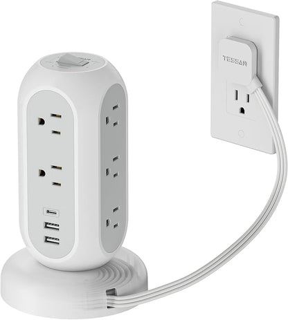 Surge Protector Power Strip Tower, TESSAN 5 FT Retractable Extension Cord with Multiple Outlets, 11 Outlets with 3 USB (1 USB C) Charging Station, 1050J, Office Desk Supplies, Dorm Essentials