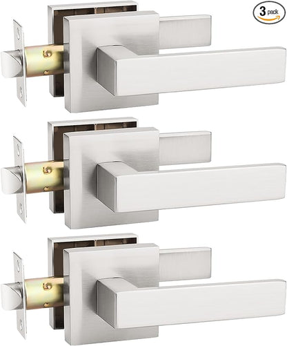 KNOBWELL 3 Pack Satin Nickel Interior Door Handle, Closet Doorknob Square Modern Handleset, Passage Lever Door Handle Knob for Indoor Use(No Lock)