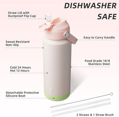 BJPKPK Water Bottle with Straw Lid, 24oz Vacuum Insulated Water Bottles, Metal Stainless Steel Thermo for Sports, Travel, BPA Free Leak Proof Thermo, Cups, Flasks, Tumblers,Pearl Pink