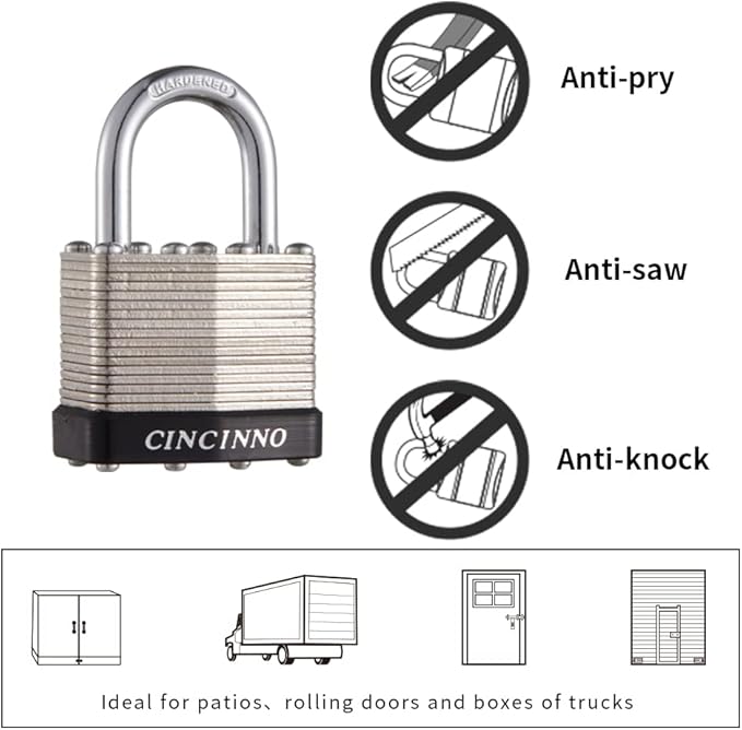 40mm Keyed Alike Nickel Plated Laminated Steel Padlock, 1-9/16" Wide Body 1-inch Shackle Padlocks with Keys Pack of 12