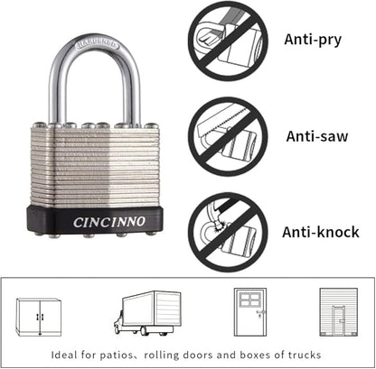 40mm Keyed Alike Nickel Plated Laminated Steel Padlock, 1-9/16" Wide Body 1-inch Shackle Padlocks with Keys Pack of 12