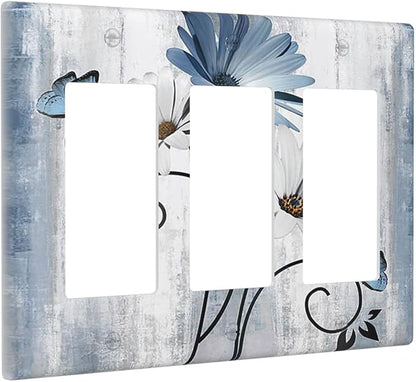 Decorative Outlet Covers Rustic Blue White Daisy Ink Flower 3 Gang Light Switch Cover Plate Triple Rocker Wall Plates for Electrical Outlets Switch Plate Covers for Bedroom Home Decor