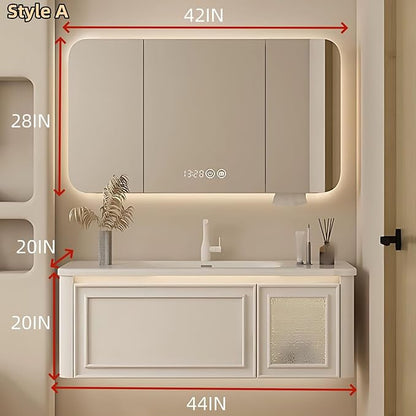 44IN Wall Mounted Bathroom Vanity Set - Wood Bathroom Vanities has Tissue Hole Design | Includes Smart Defogging Mirror Cabinet & Time Display, Rounded Corners, Glass Cabinet Doors (Style A)