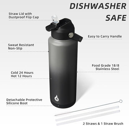 BJPKPK Insulated Water Bottle with Straw Lid, 40oz Large Thermo, BPA Free Leak Proof Stainless Steel Metal Water Bottles, Tumblers, Cups, Flasks for Travel, Sports,Black Grey