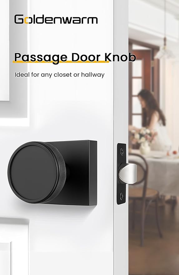 goldenwarm Passage Door Knob Black, Zinc-Alloy Modern Matte Black Door Knob Closet Door Knobs Interior for Hallways, Heavy Duty Square Modern Doorknob - 6 Pack