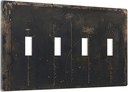 Light Switch Cover Plate Black And White Dandelion Art Vintage Wood Grain 4 Gang Quad Toggle Wall Plate Electrical Outlet Cover Decorative Switch Plate Covers for Farmhouse Cabin Decor
