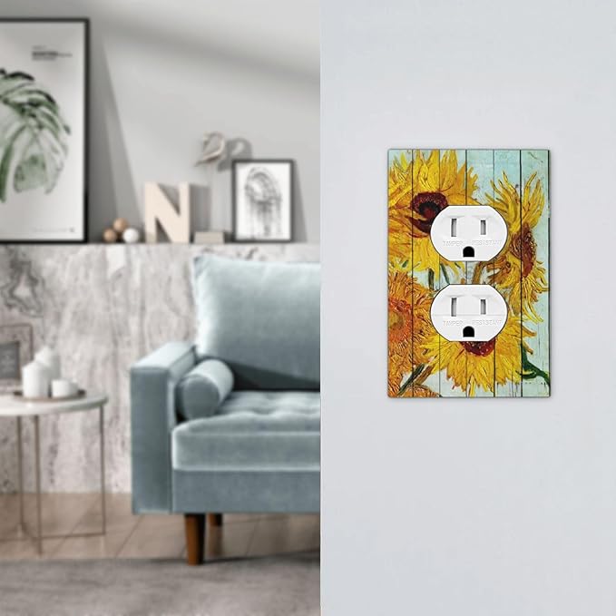 Outlet Covers Sunflowers Oil Paintings Wood Floral 1 Gang Duplex Light Switch Cover Decorative Switch Plates Electrical Receptacle Faceplate Wall Plate For Farmhouse Bed Room Decor
