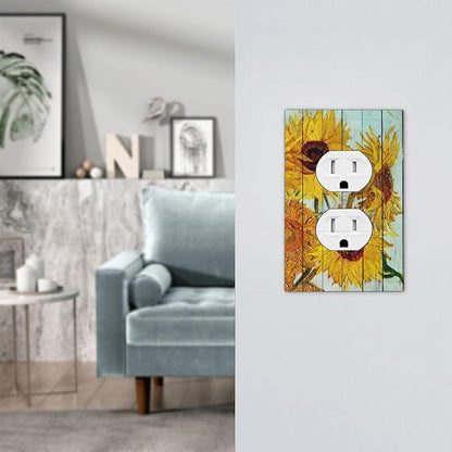 Outlet Covers Sunflowers Oil Paintings Wood Floral 1 Gang Duplex Light Switch Cover Decorative Switch Plates Electrical Receptacle Faceplate Wall Plate For Farmhouse Bed Room Decor