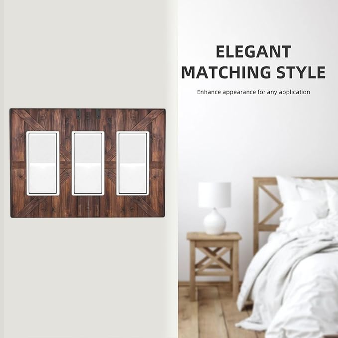 Decorative Outlet Covers Vintage Brown Farmhouse Barn Door 3 Gang Light Switch Cover Plate Triple Rocker Wall Plates for Electrical Outlets Switch Plate Covers for Bedroom Home Decor