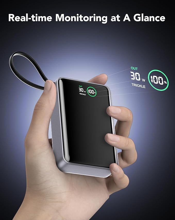 Portable Charger 20000mAh,30W PD3.0 and QC4.0 Fast Charging Type C Power Bank,Built in Cable Phone Battery Pack Compatible with iPhone 17 16 15 Samsung Google iPad Laptop etc