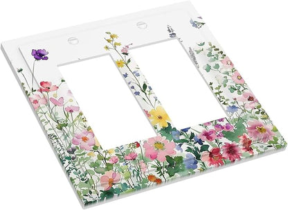 Decorative Outlet Covers Boho Colorful Flowers Plant Rustic Wildflower 2 Gang Double GFCI Rocker Electrical Wall Panels Light Switch Cover Plate for Bed Room Bathroom Decor