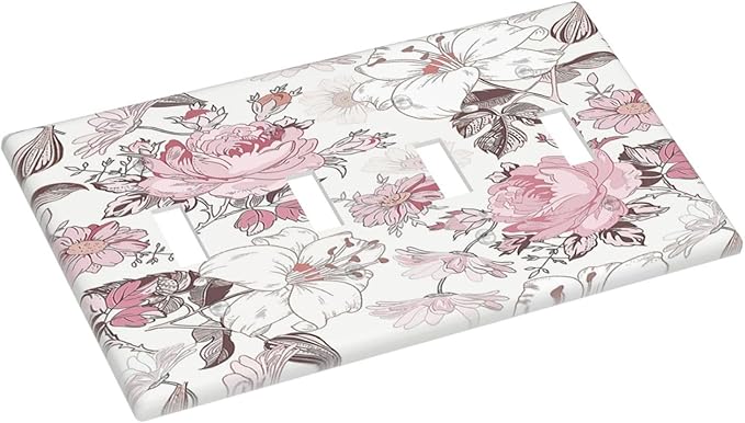 Light Switch Covers Modern Watercolor Flower Pink White Wildflower Quad Toggle 4 Gang Wall Plate Electrical Faceplate Decorative Switch Plates for Bedroom Home Decor
