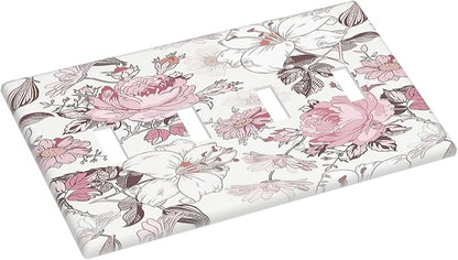 Light Switch Covers Modern Watercolor Flower Pink White Wildflower Quad Toggle 4 Gang Wall Plate Electrical Faceplate Decorative Switch Plates for Bedroom Home Decor
