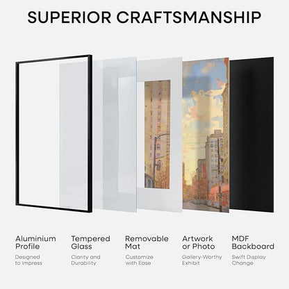 Homeforia 14x24 Picture Frame Black, High End Metal 14x24 Poster Frames with Mat 11x22 for Photo, 14 x 24 Black Frame Matted to 11 x 22 inch Print, 24x14 Thin Frame, Tempered Glass, Wall Kit, Set of 1