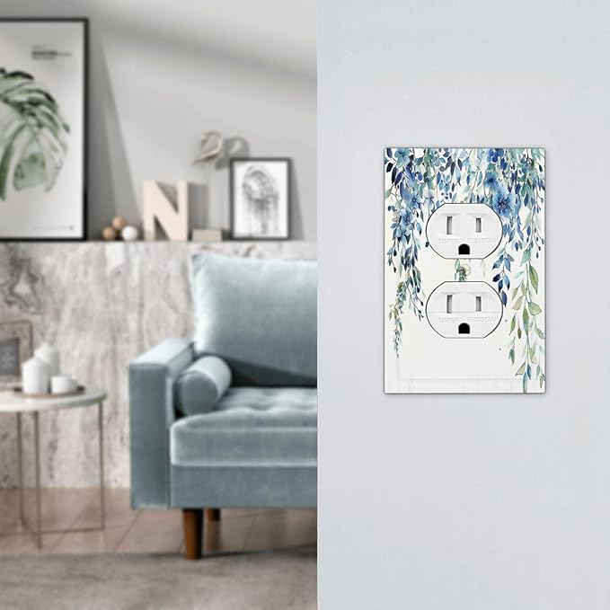 Outlet Covers Boho Vintage Flowers Blue Green Sage 1 Gang Duplex Wall Plate Decorative Switch Plates Electrical Receptacle Faceplate Light Switch Cover for Bedroom Farmhouse Decor