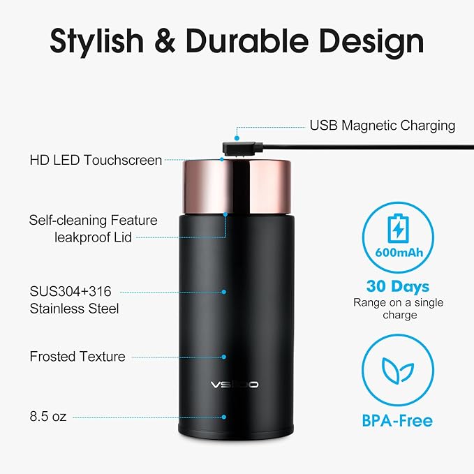 Vsitoo Smart self cleaning Insulated Water Bottle, 8.5oz Stainless Steel Vacuum Flask, AI Self-Clean, 30-Day Battery Life, BPA-Free, Magnetic Charging, Portable Travel Mug Gifts for Men Women, Black
