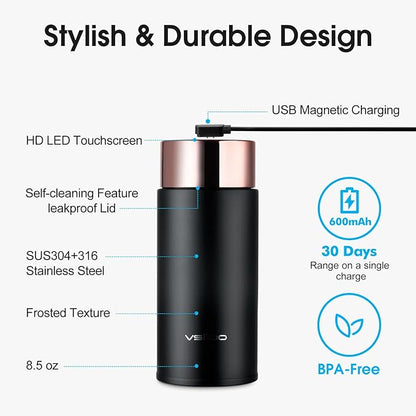 Vsitoo Smart self cleaning Insulated Water Bottle, 8.5oz Stainless Steel Vacuum Flask, AI Self-Clean, 30-Day Battery Life, BPA-Free, Magnetic Charging, Portable Travel Mug Gifts for Men Women, Black