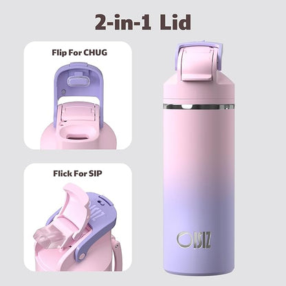 OISIZ Insulated Water Bottle 20 oz with 2 in 1 Spout and Straw Lid,One Click Safety Lock,100% Leakproof,Keep Cold 24H,Vacuum Stainless Steel Water Bottle for School,Travel and Sports,Dishwasher Safe
