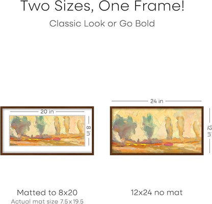 Homeforia 12x24 Picture Frame Brown, High End Dark Oak 12x24 Walnut Wood Poster Frame with Mat 8x20 Print, 12 x 24 Wooden Frame Matted to 8 x 20 Photo, 24x12 Frames, Tempered Glass, Wall Kit, Set of 1