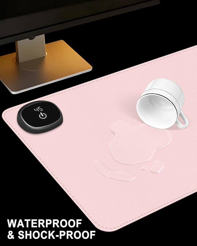 Heated Desk Pad, 23.6" x 14.2" Leather Non-Slip Warm Desk Pad, Large Mouse Mat with 3 Levels Heating & 3 Hours Auto Shut-Off, Hand and Foot Warmer for Office, Home, Pink