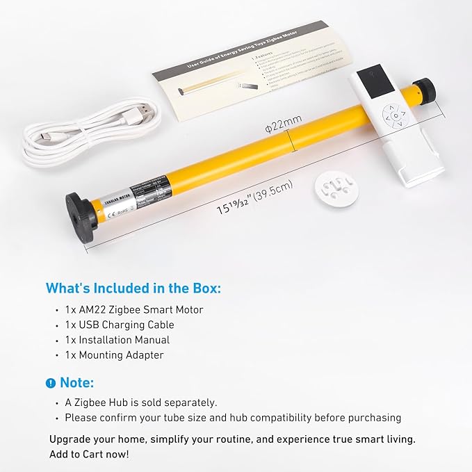 AM22 Zigbee Smart Roller Shade Motor for 32mm Tubes - Rechargeable Battery, Compatible with Alexa & Google Home via Tuya Zigbee Gateway, Voice & App Control