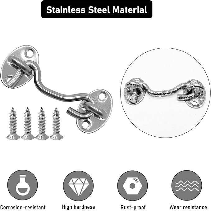 4-Pack 3Inch Door Lock Gate Latch Premium Stainless Steel Hook and Eye Gate Latch Cabin Hook with 16pcs Screws, Silver