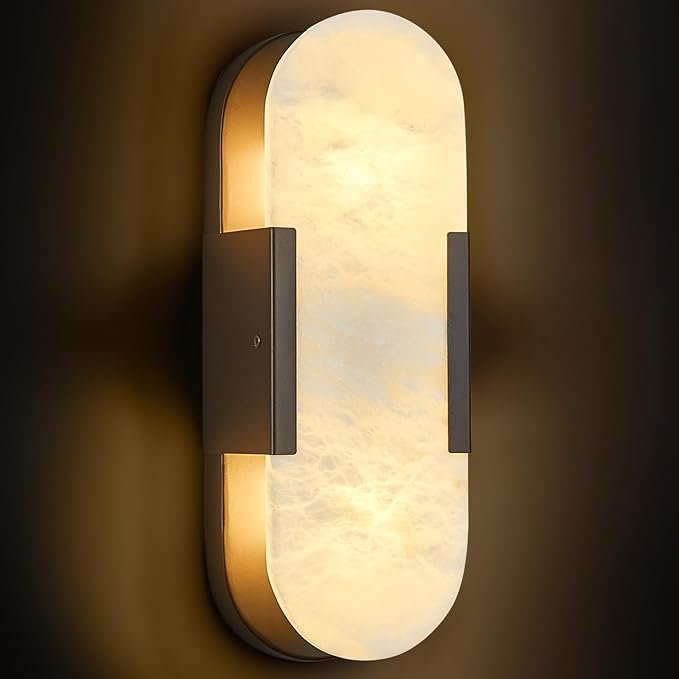 Alabaster Wall Sconce, Modern Natural Marble Wall Sconces for Indoor Lighting, 13.8 in Black Wall Lights for Bathroom Dining Room Stairs Bedroom (1-Pack)