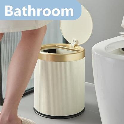 URALFA 2Pack Bathroom Trash Can with Lid, Small Garbage Can Dog Proof, Plastic Waste Basket with Pop-up Lid for Toilet, Office, Bedroom, Living Room, 2.8 Gallon + 3.7 Gallon (Cream White)