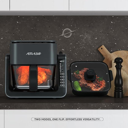 Astralship 2-in-1 Glass Air Fryer & Grill Combo, 4.2 QT + 1.3 QT Capacity, 7 Digital Presets, Small, Non-Toxic See-Through Glass Bowl, Low-Oil Healthy Cooking, Easy to Clean, Multi-Function Design