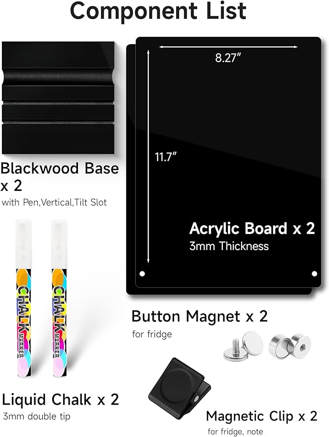 2 PCS Desktop Black Dry Erase Board with Stand - 12” x 8” Small Acrylic Black Board with Marker and Magnetic Clip, Reusable Desk Notepad, to-Do List, Menu Board Signs for Bar, Office, Home