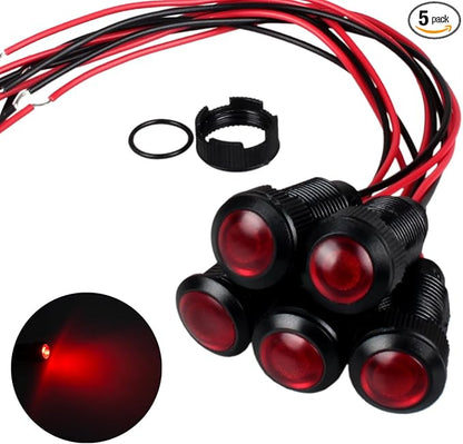 5pcs 12mm 12V-24V LED Indicator Light Plastic Black Signal Dot Lamp 1/2 inches Mounting Hole Size with 15cm/5.9in. Wire (Red LED)