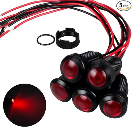 5pcs 12mm 12V-24V LED Indicator Light Plastic Black Signal Dot Lamp 1/2 inches Mounting Hole Size with 15cm/5.9in. Wire (Red LED)