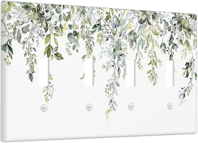 Light Switch Covers Boho Farmhouse Flower Leaf Sage Green Quad Toggle Electrical Faceplate 4 Gang Wall Plate Decorative Switch Plates for Bedroom Cabin Decor