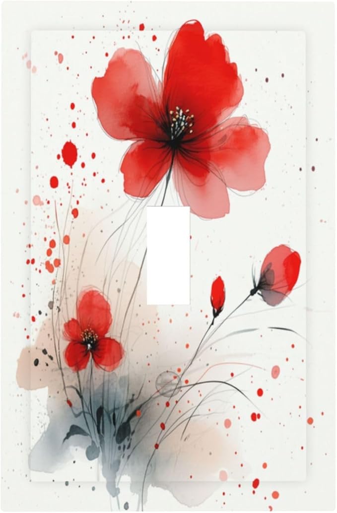 Vintage Watercolor Red Flowers Floral Decorative Light Switch Cover 1 Gang Single Toggle Decorator Outlet Wall Plate Device Electrical Faceplate Switchplates for Bedroom Bathroom Decor