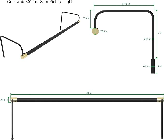Cocoweb 30 Inch Tru-Slim Black and Brass Picture Light - LED, 2700K, Adjustable Arm, Plug-in, Toggle Switch, Sleek and Compact Design