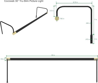 Cocoweb 30 Inch Tru-Slim Black and Brass Picture Light - LED, 2700K, Adjustable Arm, Plug-in, Toggle Switch, Sleek and Compact Design